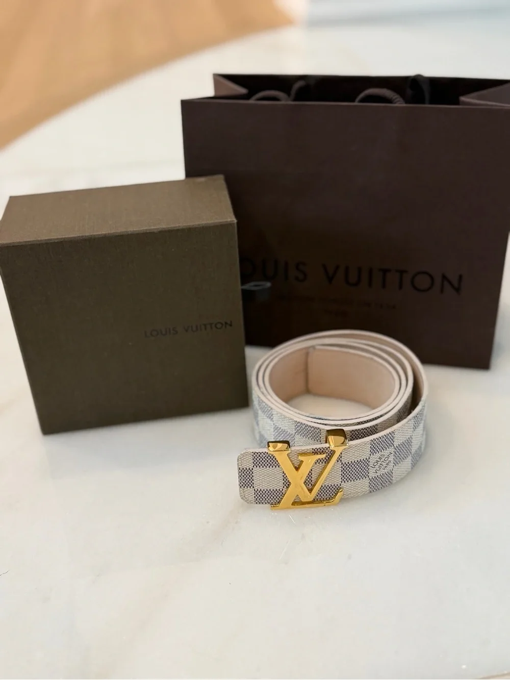 Louis Vuitton Damier Azur Canvas Belt with Gold LV Buckle - White/Gold